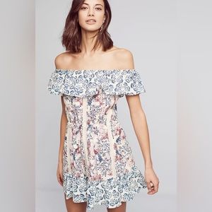 Off-Shoulder Floral Print Mini Dress in Cream and Blue